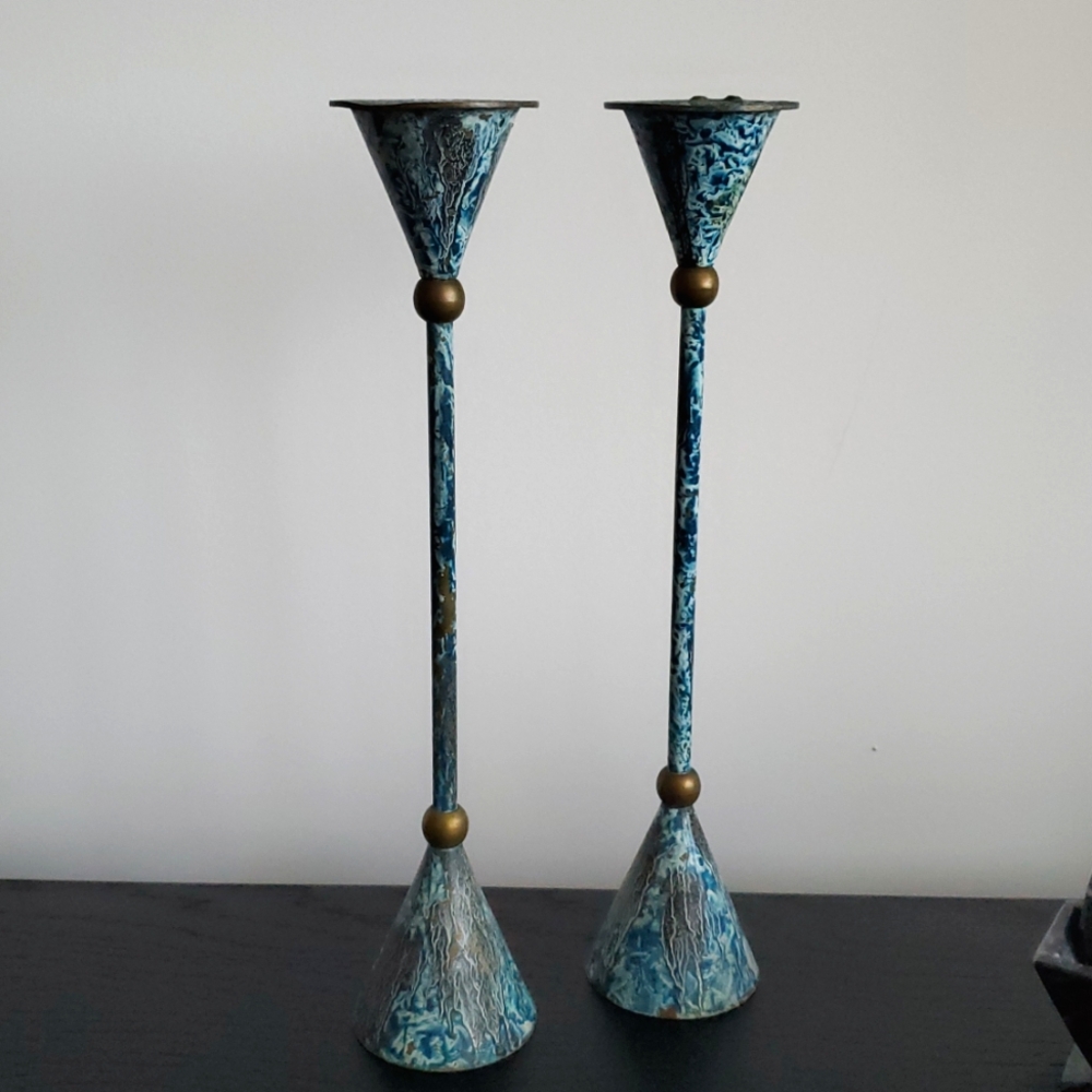 VTG Memphis Style Postmodern Painted Metal Taper Candle Holders | Set of 2